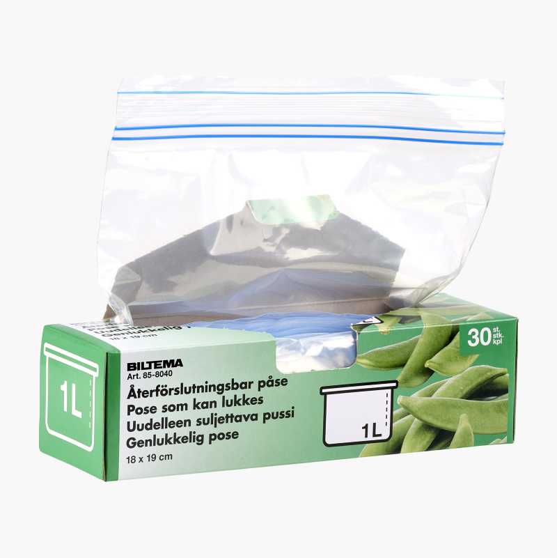 Gjenlukkbar plastpose, 1 liter, 30 stk. v:8129953 Gjenlukkbar plastpose, 1 liter, 30 stk. v:8129953