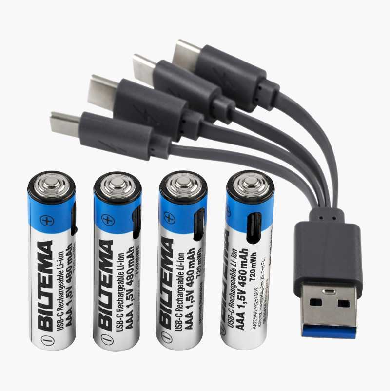 Oppladbart AAA-batteri, USB C, 480 mAh, 4-pk. v:5012232 Oppladbart AAA-batteri, USB C, 480 mAh, 4-pk. v:5012232