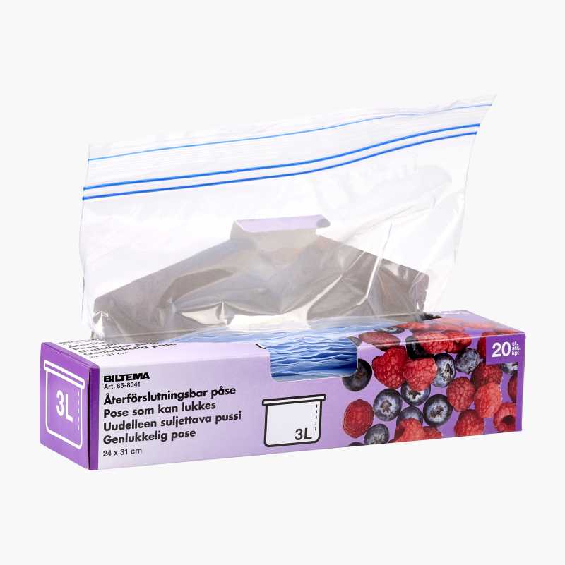 Gjenlukkbar plastpose, 3 liter, 20 stk. v:2085491 Gjenlukkbar plastpose, 3 liter, 20 stk. v:2085491